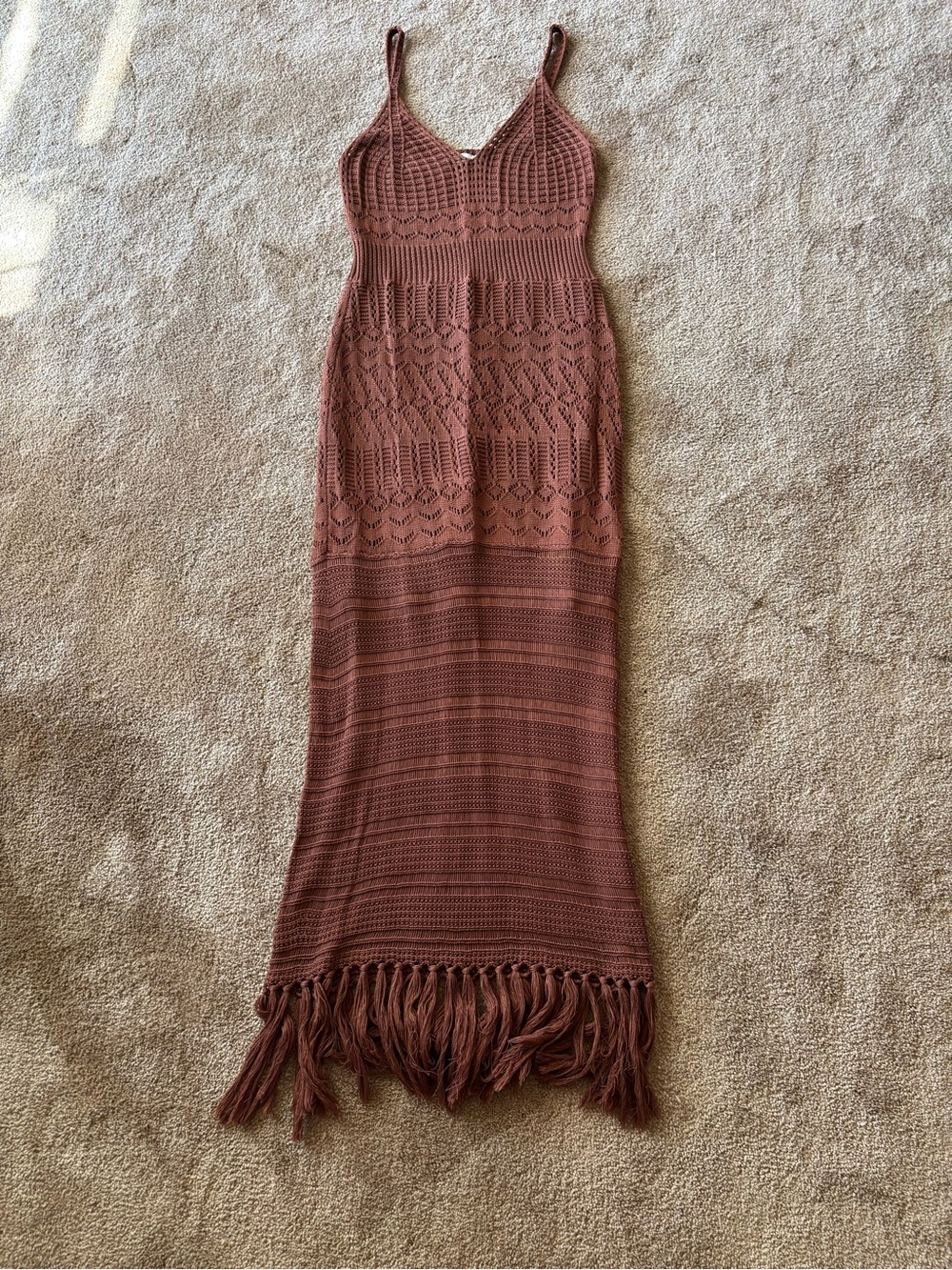 Lush Crochet Fringe Maxi Skirt — Rust Mauve